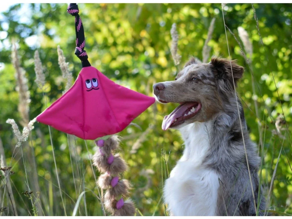 Odolná hračka pro psa – softshellový rejnok s králičí kožešinou, fialová